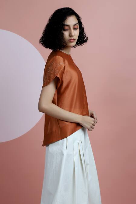 Shop_Dhi_Orange Chanderi Embroidery Round Neck Top _Online_at_Aza_Fashions
