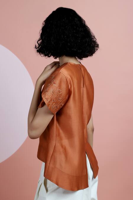 Dhi_Orange Chanderi Embroidery Round Neck Top _at_Aza_Fashions