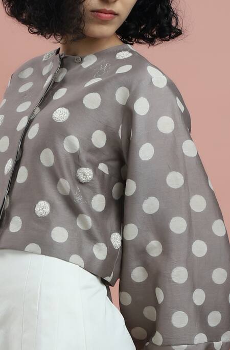 Shop_Dhi_Brown Chanderi Sequins Round Neck Polka Dot Crop Jacket _Online_at_Aza_Fashions