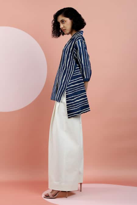 Buy_DHI_Blue Chanderi Collared Stripe Pattern Shirt _Online_at_Aza_Fashions