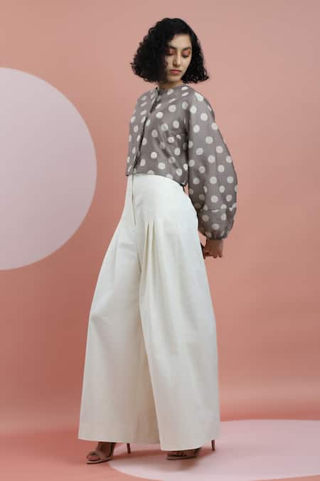 DHI White Cotton Twill High Waist Pleated Pant