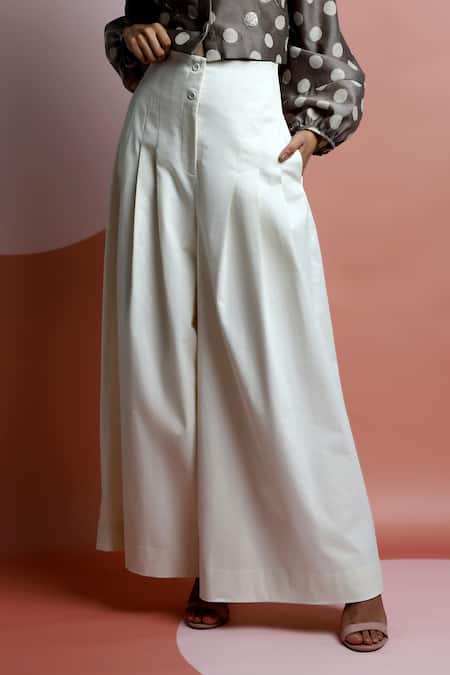 Buy_Dhi_White Cotton Twill High Waist Pleated Pant _Online_at_Aza_Fashions
