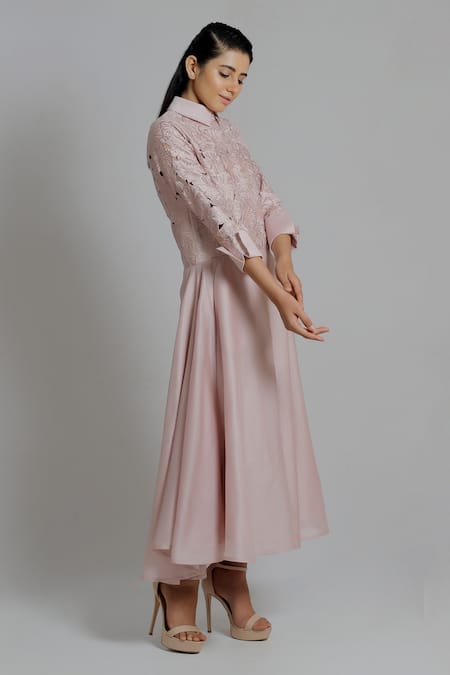 Dhi_Pink Chanderi Silk Embroidery Shawl Neck Floral Shirt Dress _Online_at_Aza_Fashions