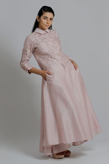 Buy_Dhi_Pink Chanderi Silk Embroidery Shawl Neck Floral Shirt Dress _Online_at_Aza_Fashions