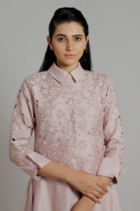 Shop_Dhi_Pink Chanderi Silk Embroidery Shawl Neck Floral Shirt Dress _Online_at_Aza_Fashions