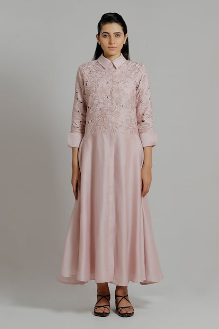 Dhi_Pink Chanderi Silk Embroidery Shawl Neck Floral Shirt Dress _at_Aza_Fashions
