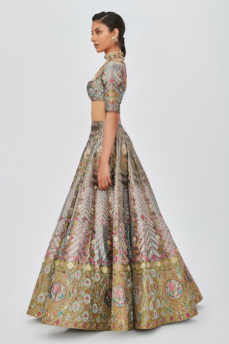 Aisha Rao_Grey Tissue, Chiffon Embroidery Banou Embellished 12 Kali Bridal Lehenga Set _Online_at_Aza_Fashions