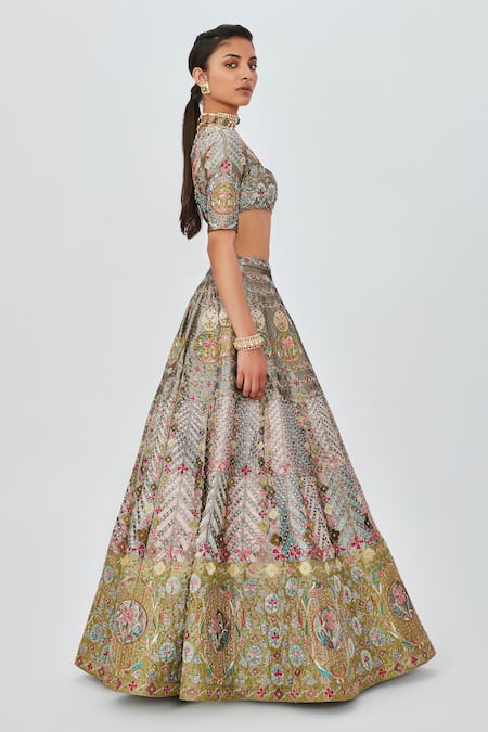 Buy_Aisha Rao_Grey Tissue, Chiffon Embroidery Banou Embellished 12 Kali Bridal Lehenga Set _Online_at_Aza_Fashions