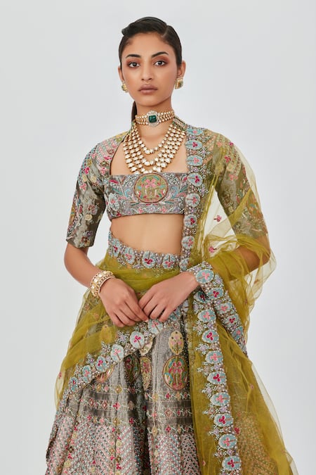 Shop_Aisha Rao_Grey Tissue, Chiffon Embroidery Banou Embellished 12 Kali Bridal Lehenga Set _Online_at_Aza_Fashions