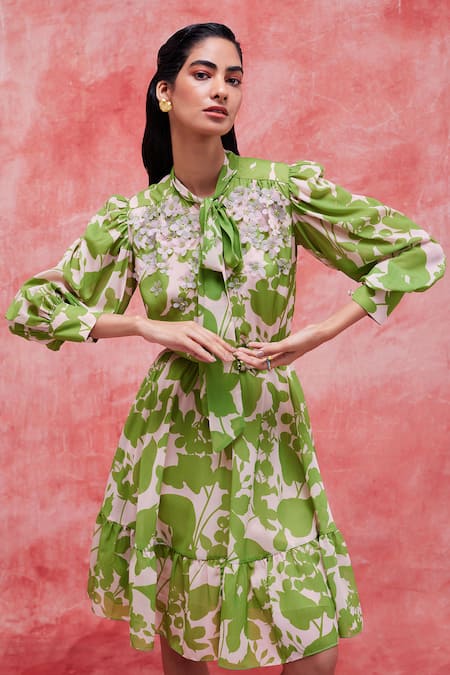 Pankaj & Nidhi Green Chiffon Printed Floral Keyhole Cleo Dress 