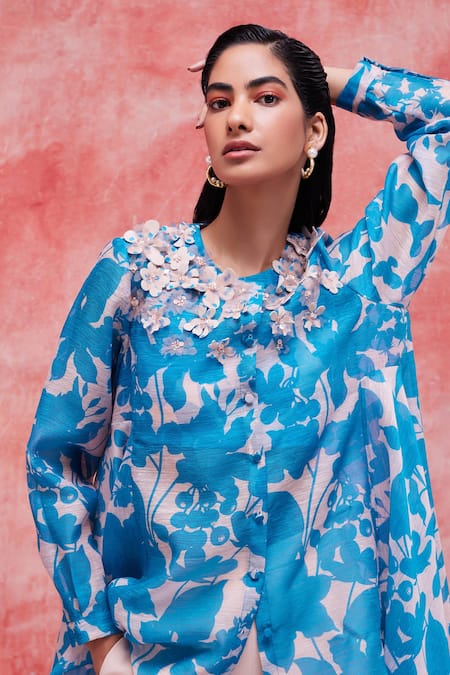 Buy_Pankaj & Nidhi_Blue Organza Embroidery Round Neck Cleo Floral Print High Low Tunic _Online_at_Aza_Fashions