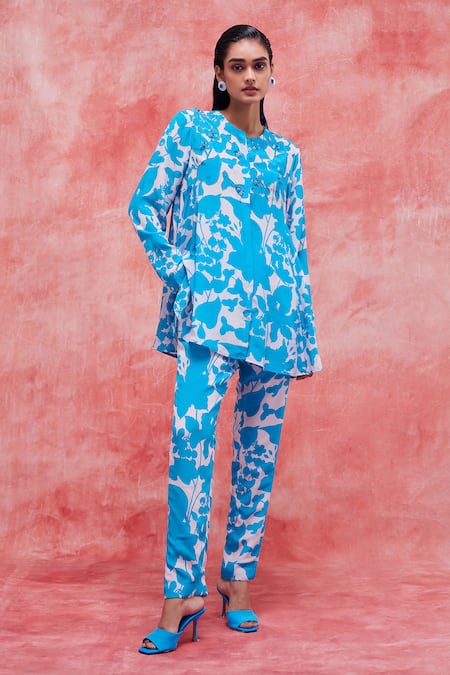 Pankaj & Nidhi Blue Silk Crepe Printed Floral Mandarin Collar Cleo Tunic And Pant Set 