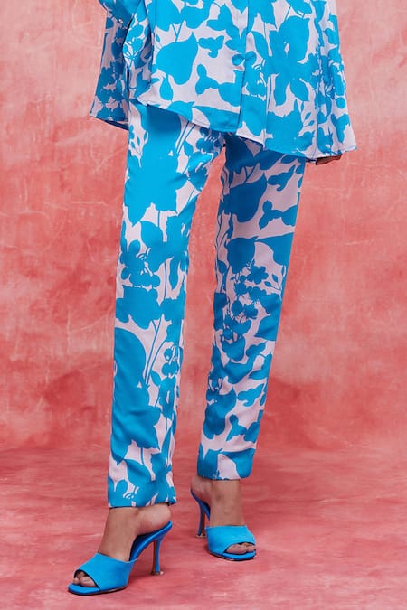 Pankaj & Nidhi_Blue Silk, Crepe Sequins, Beads Mandarin Cleo Floral Print Tunic And Pant Set _Online_at_Aza_Fashions