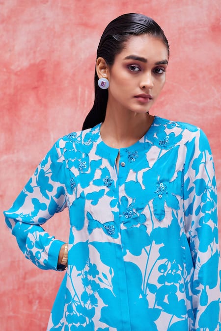 Buy_Pankaj & Nidhi_Blue Silk, Crepe Sequins, Beads Mandarin Cleo Floral Print Tunic And Pant Set 