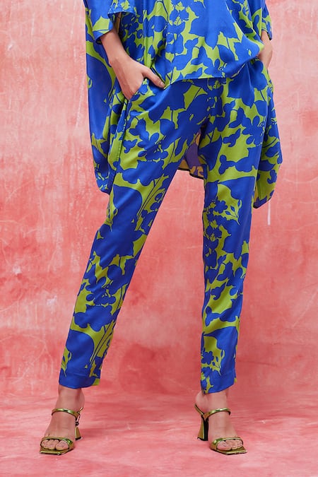 Pankaj & Nidhi_Blue Silk, Crepe Beads, Sequins, Embroidery Cleo Printed High Low Top And Pant Set _Online_at_Aza_Fashions