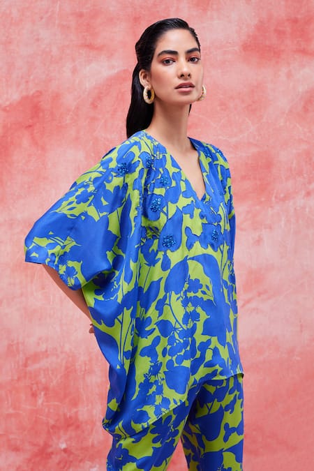 Shop_Pankaj & Nidhi_Blue Silk, Crepe Beads, Sequins, Embroidery Cleo Printed High Low Top And Pant Set _Online_at_Aza_Fashions