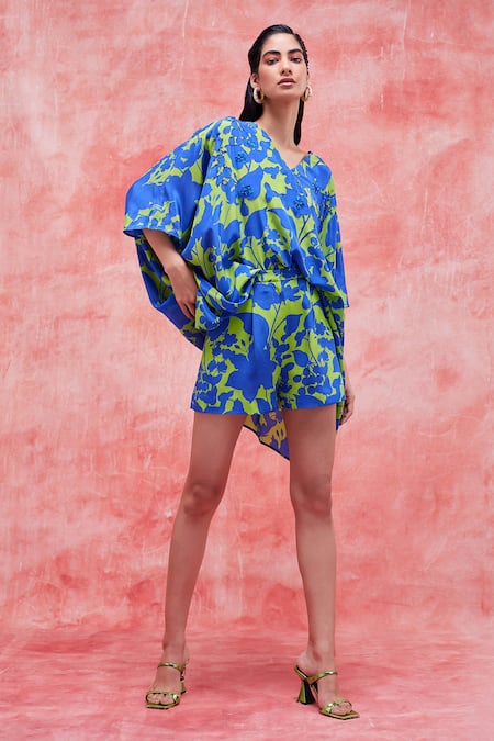 Pankaj & Nidhi Blue Silk Crepe Printed Floral V Neck Cleo High Low Top And Shorts Set 