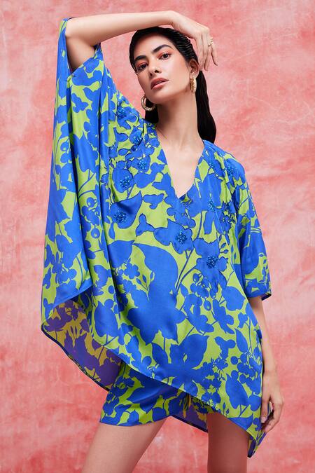 Pankaj & Nidhi Blue Silk, Crepe Sequins, Beads Floral Embellished High Low Top And Shorts Set Online at Aza Fashions Pankaj & Nidhi_Blue Silk, Crepe Sequins, Beads Floral Embellished High Low Top And Shorts Set _Online_at_Aza_Fashions