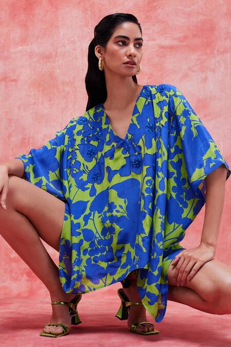 Pankaj & Nidhi Blue Silk, Crepe Sequins, Beads Floral Embellished High Low Top And Shorts Set at Aza Fashions Pankaj & Nidhi_Blue Silk, Crepe Sequins, Beads Floral Embellished High Low Top And Shorts Set _at_Aza_Fashions