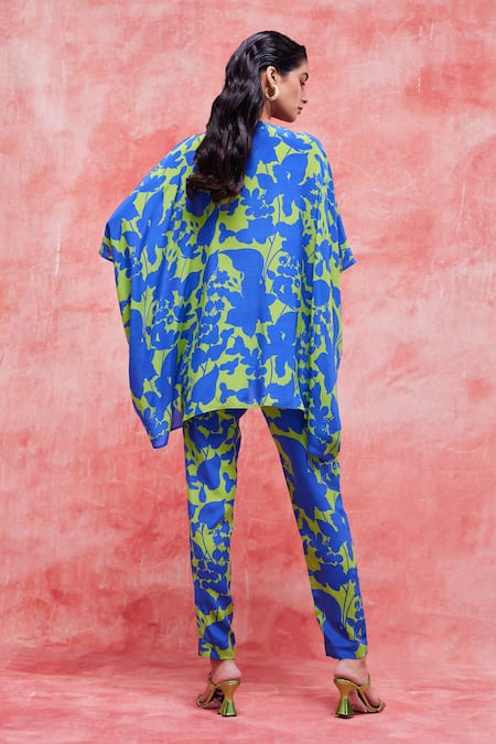 Shop_Pankaj & Nidhi_Blue Silk, Crepe Sequins, Beads V-neck Cleo Floral Print High Low Top _at_Aza_Fashions