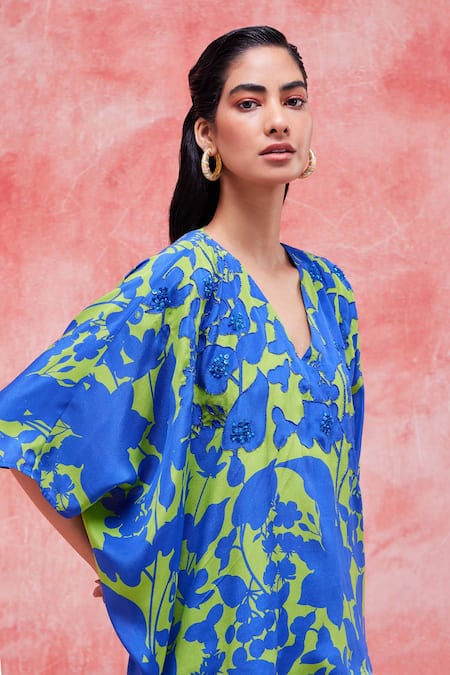 Buy_Pankaj & Nidhi_Blue Silk, Crepe Sequins, Beads V-neck Cleo Floral Print High Low Top _Online_at_Aza_Fashions