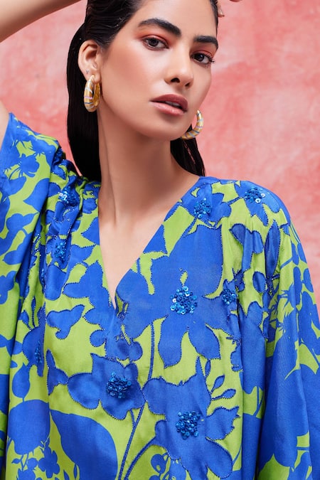 Shop_Pankaj & Nidhi_Blue Silk, Crepe Sequins, Beads V-neck Cleo Floral Print High Low Top _Online_at_Aza_Fashions
