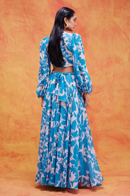 Shop_Pankaj & Nidhi_Blue Chiffon Embroidery, Sequins Plunge Cleo Floral Print Cut Out Maxi Dress _at_Aza_Fashions