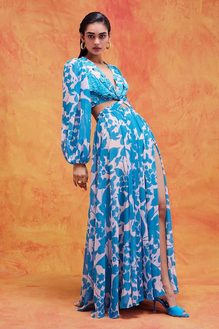 Buy_Pankaj & Nidhi_Blue Chiffon Embroidery, Sequins Plunge Cleo Floral Print Cut Out Maxi Dress _Online_at_Aza_Fashions