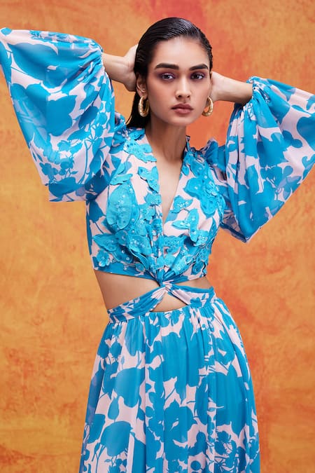 Pankaj & Nidhi_Blue Chiffon Embroidery, Sequins Plunge Cleo Floral Print Cut Out Maxi Dress _at_Aza_Fashions