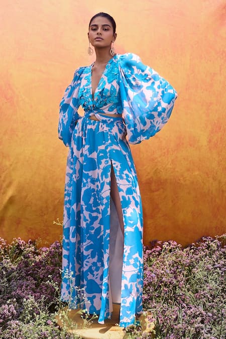 Buy_Pankaj & Nidhi_Blue Chiffon Embroidery, Sequins Plunge Cleo Floral Print Cut Out Maxi Dress 