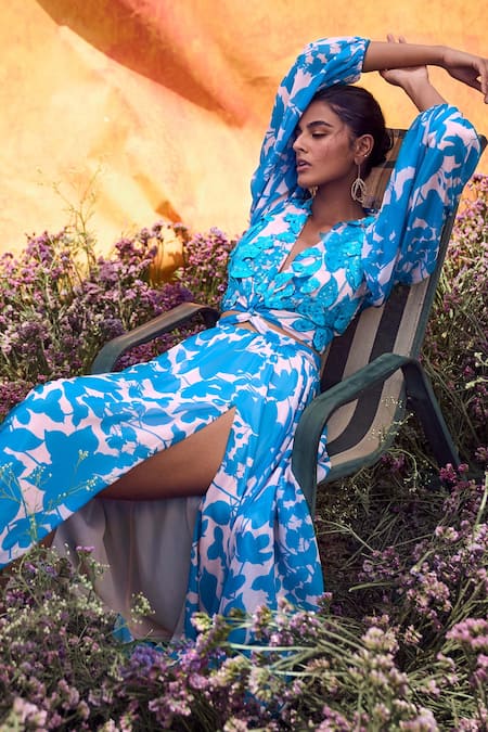 Shop_Pankaj & Nidhi_Blue Chiffon Embroidery, Sequins Plunge Cleo Floral Print Cut Out Maxi Dress 