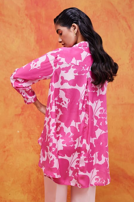 Shop Pankaj & Nidhi Pink Silk, Crepe Sequins, Beads Collared Cleo Floral Print High Low Shirt at Aza Fashions Shop_Pankaj & Nidhi_Pink Silk, Crepe Sequins, Beads Collared Cleo Floral Print High Low Shirt _at_Aza_Fashions