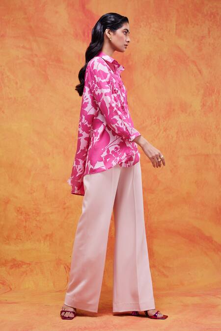 Pankaj & Nidhi Pink Silk, Crepe Sequins, Beads Collared Cleo Floral Print High Low Shirt Online at Aza Fashions Pankaj & Nidhi_Pink Silk, Crepe Sequins, Beads Collared Cleo Floral Print High Low Shirt _Online_at_Aza_Fashions
