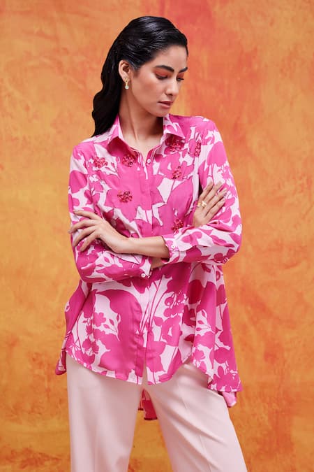 Buy Pankaj & Nidhi Pink Silk, Crepe Sequins, Beads Collared Cleo Floral Print High Low Shirt Online at Aza Fashions Buy_Pankaj & Nidhi_Pink Silk, Crepe Sequins, Beads Collared Cleo Floral Print High Low Shirt _Online_at_Aza_Fashions