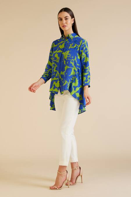 Pankaj & Nidhi Blue Silk Crepe Printed Floral Straight Cleo Classic High Low Shirt 