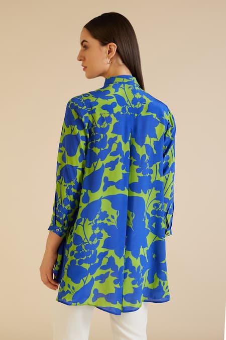 Shop Pankaj & Nidhi Blue Silk, Crepe Sequins, Beads Collared Cleo Classic Printed High Low Shirt at Aza Fashions Shop_Pankaj & Nidhi_Blue Silk, Crepe Sequins, Beads Collared Cleo Classic Printed High Low Shirt _at_Aza_Fashions