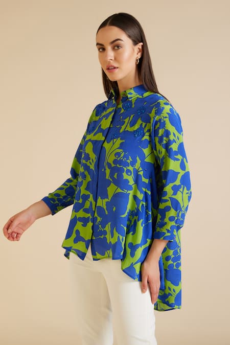 Buy Pankaj & Nidhi Blue Silk, Crepe Sequins, Beads Collared Cleo Classic Printed High Low Shirt Online at Aza Fashions Buy_Pankaj & Nidhi_Blue Silk, Crepe Sequins, Beads Collared Cleo Classic Printed High Low Shirt _Online_at_Aza_Fashions