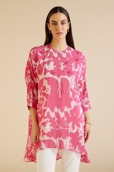 Pankaj & Nidhi_Pink Silk, Crepe Embroidery, Sequins Round Cleo Floral Print And Embellished Tunic _Online_at_Aza_Fashions