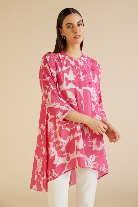 Buy_Pankaj & Nidhi_Pink Silk, Crepe Embroidery, Sequins Round Cleo Floral Print And Embellished Tunic _Online_at_Aza_Fashions