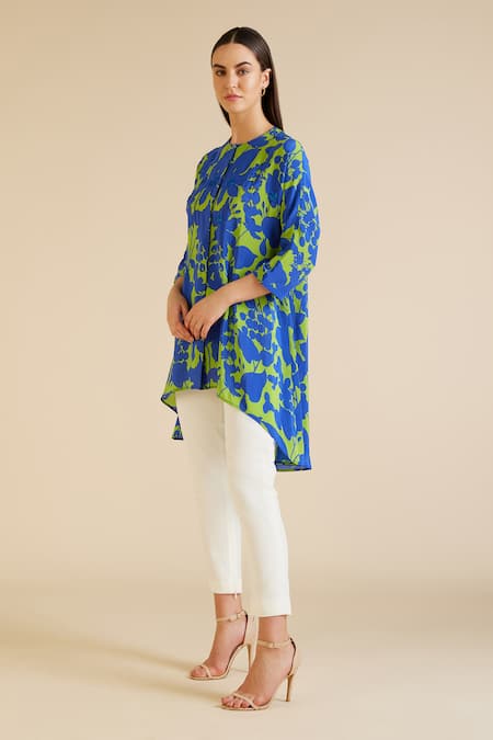Pankaj & Nidhi_Blue Silk, Crepe Beads Round Neck Cleo Flower Print And Embellished Tunic _Online_at_Aza_Fashions