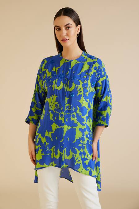 Buy_Pankaj & Nidhi_Blue Silk, Crepe Beads Round Neck Cleo Flower Print And Embellished Tunic _Online_at_Aza_Fashions