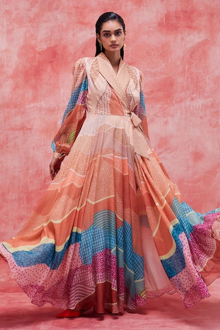 Pankaj & Nidhi Beige Chiffon Cut Work, Embroidery Collared Dune Breezy Printed Wrap Dress Online at Aza Fashions Pankaj & Nidhi_Beige Chiffon Cut Work, Embroidery Collared Dune Breezy Printed Wrap Dress _Online_at_Aza_Fashions