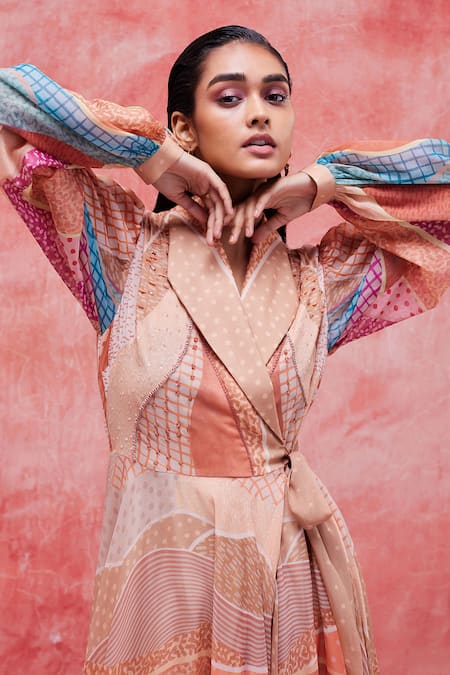 Shop Pankaj & Nidhi Beige Chiffon Cut Work, Embroidery Collared Dune Breezy Printed Wrap Dress Online at Aza Fashions Shop_Pankaj & Nidhi_Beige Chiffon Cut Work, Embroidery Collared Dune Breezy Printed Wrap Dress _Online_at_Aza_Fashions