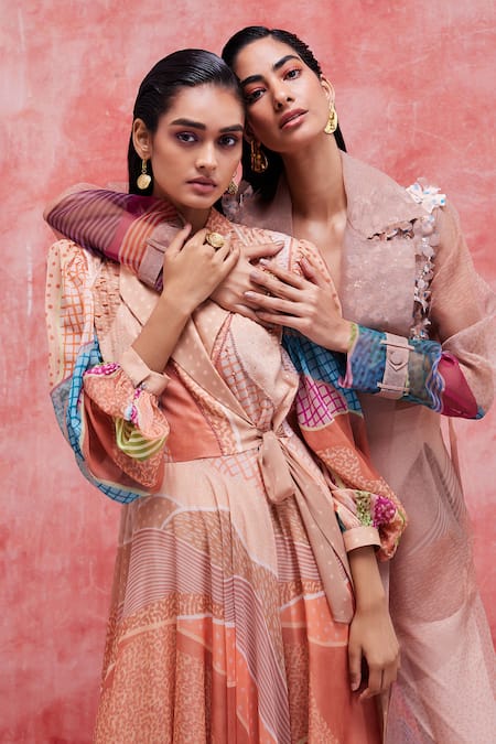 Pankaj & Nidhi Beige Chiffon Cut Work, Embroidery Collared Dune Breezy Printed Wrap Dress at Aza Fashions Pankaj & Nidhi_Beige Chiffon Cut Work, Embroidery Collared Dune Breezy Printed Wrap Dress _at_Aza_Fashions