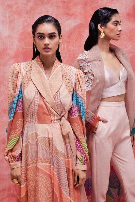Buy Pankaj & Nidhi Beige Chiffon Cut Work, Embroidery Collared Dune Breezy Printed Wrap Dress Buy_Pankaj & Nidhi_Beige Chiffon Cut Work, Embroidery Collared Dune Breezy Printed Wrap Dress