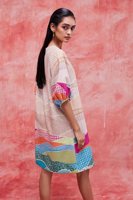 Shop Pankaj & Nidhi Beige Crepe Round Neck Dune Graphic Landscape Print Dress at Aza Fashions Shop_Pankaj & Nidhi_Beige Crepe Round Neck Dune Graphic Landscape Print Dress _at_Aza_Fashions