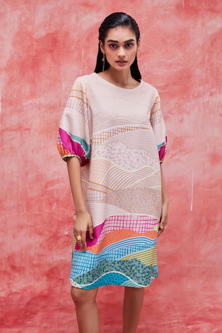 Pankaj & Nidhi Beige Crepe Round Neck Dune Graphic Landscape Print Dress Online at Aza Fashions Pankaj & Nidhi_Beige Crepe Round Neck Dune Graphic Landscape Print Dress _Online_at_Aza_Fashions