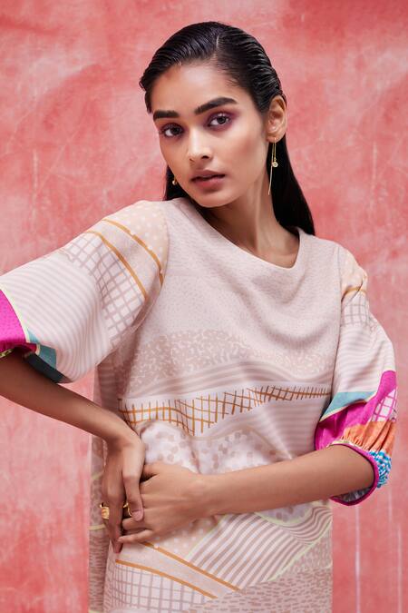 Buy Pankaj & Nidhi Beige Crepe Round Neck Dune Graphic Landscape Print Dress Online at Aza Fashions Buy_Pankaj & Nidhi_Beige Crepe Round Neck Dune Graphic Landscape Print Dress _Online_at_Aza_Fashions