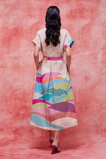 Shop Pankaj & Nidhi Beige Crepe Collared Dune Printed Boxy Shirt Dress at Aza Fashions Shop_Pankaj & Nidhi_Beige Crepe Collared Dune Printed Boxy Shirt Dress _at_Aza_Fashions