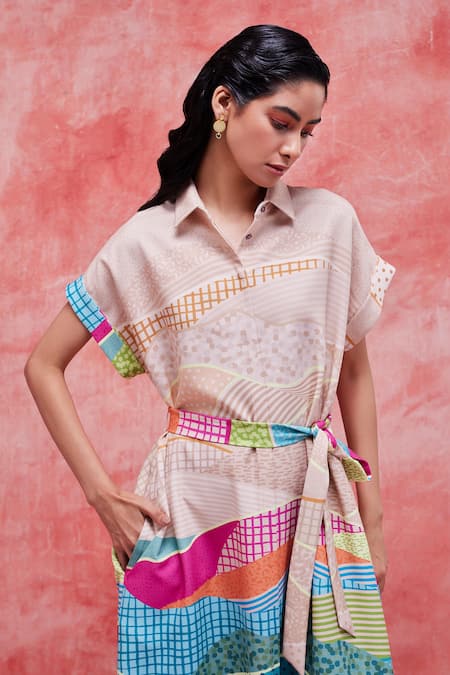 Buy Pankaj & Nidhi Beige Crepe Collared Dune Printed Boxy Shirt Dress Online at Aza Fashions Buy_Pankaj & Nidhi_Beige Crepe Collared Dune Printed Boxy Shirt Dress _Online_at_Aza_Fashions